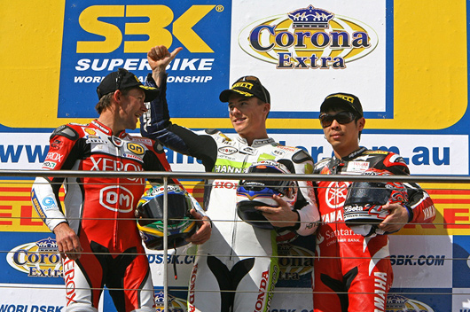 Toseland, bayliss, haga on podium Phillip Island