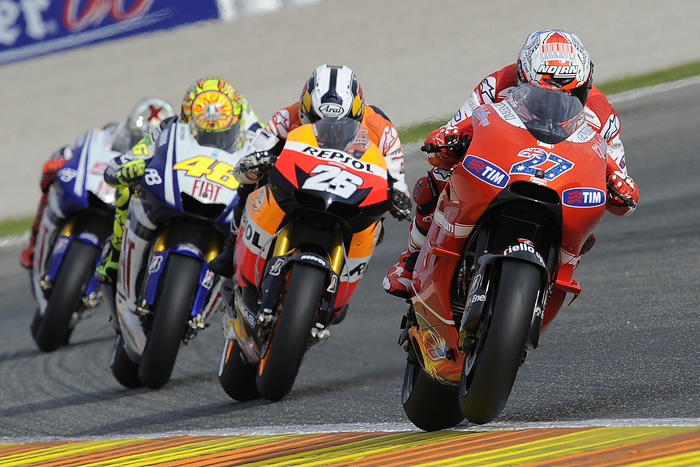 Casey Stoner leading the MotoGP race at Valencia