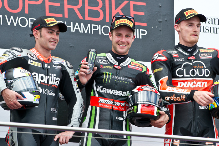 Leon Haslam, Johnthan Rea, Chaz Davies podium Phillip Ilsand Superbike